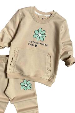 Kız Çocuk Göğsünde Papatya ve Kanguru Fırfır Cep Detaylı Sweat Bej Eşofman Takım