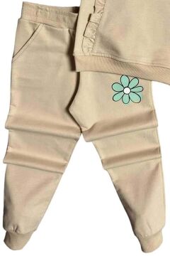 Kız Çocuk Göğsünde Papatya ve Kanguru Fırfır Cep Detaylı Sweat Bej Eşofman Takım