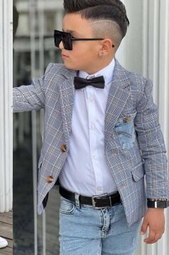 Erkek Çocuk Çizgili Blazer Ceket Kot Pantolon Mavi Alt Üst Takım