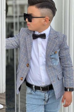 Erkek Çocuk Çizgili Blazer Ceket Kot Pantolon Mavi Alt Üst Takım