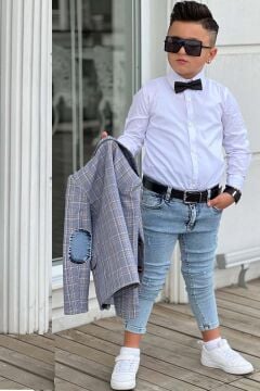 Erkek Çocuk Çizgili Blazer Ceket Kot Pantolon Mavi Alt Üst Takım