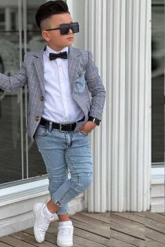 Erkek Çocuk Çizgili Blazer Ceket Kot Pantolon Mavi Alt Üst Takım