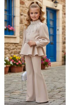 Kız Çocuk Yakası İnci Detaylı ve Astarlı Bluz Bol Kesim Pantolon Kemerli Krem Alt Üst Takım