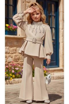 Kız Çocuk Yakası İnci Detaylı ve Astarlı Bluz Bol Kesim Pantolon Kemerli Krem Alt Üst Takım