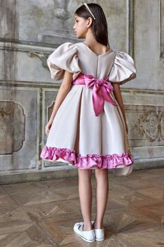 Kız Çocuk Balon Kollu Belinde Broş ve Kemer Detaylı Etek Ucu Fırfırlı Bej Abiye