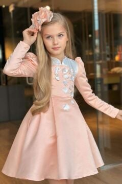 Kız Çocuk Sırtı Fermuar Detaylı Beyaz Renk Göğsü Papatya Detaylı Karpuz Kol Cepli Somon Elbise