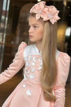 Kız Çocuk Sırtı Fermuar Detaylı Beyaz Renk Göğsü Papatya Detaylı Karpuz Kol Cepli Somon Elbise