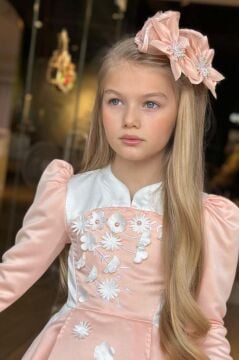 Kız Çocuk Sırtı Fermuar Detaylı Beyaz Renk Göğsü Papatya Detaylı Karpuz Kol Cepli Somon Elbise