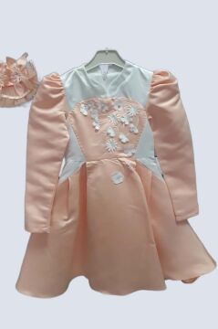 Kız Çocuk Sırtı Fermuar Detaylı Beyaz Renk Göğsü Papatya Detaylı Karpuz Kol Cepli Somon Elbise