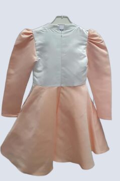 Kız Çocuk Sırtı Fermuar Detaylı Beyaz Renk Göğsü Papatya Detaylı Karpuz Kol Cepli Somon Elbise