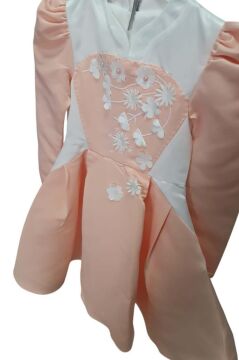 Kız Çocuk Sırtı Fermuar Detaylı Beyaz Renk Göğsü Papatya Detaylı Karpuz Kol Cepli Somon Elbise