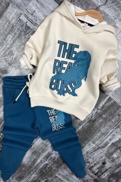 Erkek Çocuk Önü Yazı Ve Dino Baskılı Kapşonlu Sweatshirt 3 İplik Mavi Eşofman Takım