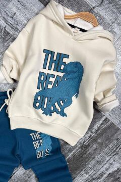 Erkek Çocuk Önü Yazı Ve Dino Baskılı Kapşonlu Sweatshirt 3 İplik Mavi Eşofman Takım