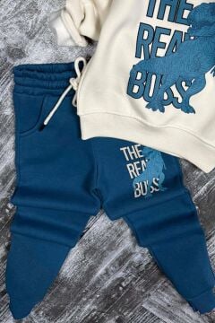 Erkek Çocuk Önü Yazı Ve Dino Baskılı Kapşonlu Sweatshirt 3 İplik Mavi Eşofman Takım