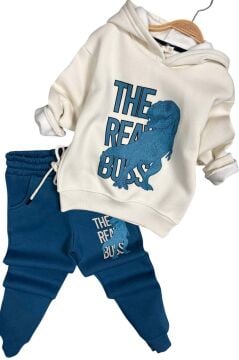 Erkek Çocuk Önü Yazı Ve Dino Baskılı Kapşonlu Sweatshirt 3 İplik Mavi Eşofman Takım