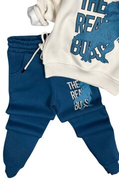 Erkek Çocuk Önü Yazı Ve Dino Baskılı Kapşonlu Sweatshirt 3 İplik Mavi Eşofman Takım