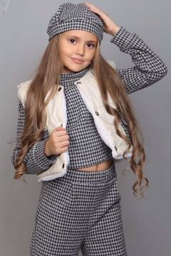 Kız Çocuk Balıkçı Yaka Ekose Desenli Füme Alt ÜSt Takım