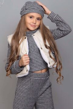 Kız Çocuk Balıkçı Yaka Ekose Desenli Füme Alt ÜSt Takım