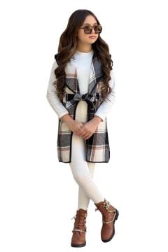 Kız Çocuk Ekose Desenli Yelek Uzun Kol Penye Kazak Beyaz Taytlı Takım