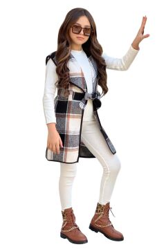 Kız Çocuk Ekose Desenli Yelek Uzun Kol Penye Kazak Beyaz Taytlı Takım