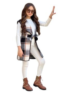 Kız Çocuk Ekose Desenli Yelek Uzun Kol Penye Kazak Beyaz Taytlı Takım