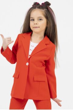 Kız Çocuk Sevimli Baskı Detaylı Fitilli Bluz Kaşkorse Blazer Ceket Turuncu Alt Üst Takım