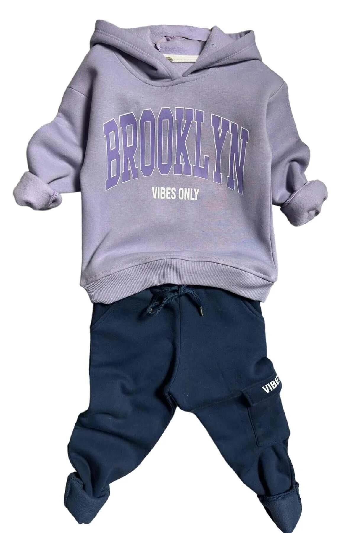 Kız Çocuk Kapüşonlu Üzeri Brooklyn Yazı Detaylı 3 İplik Lila Eşofman Takım