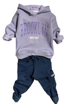 Kız Çocuk Kapüşonlu Üzeri Brooklyn Yazı Detaylı 3 İplik Lila Eşofman Takım
