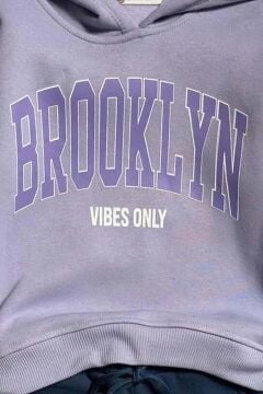 Kız Çocuk Kapüşonlu Üzeri Brooklyn Yazı Detaylı 3 İplik Lila Eşofman Takım