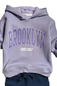 Kız Çocuk Kapüşonlu Üzeri Brooklyn Yazı Detaylı 3 İplik Lila Eşofman Takım
