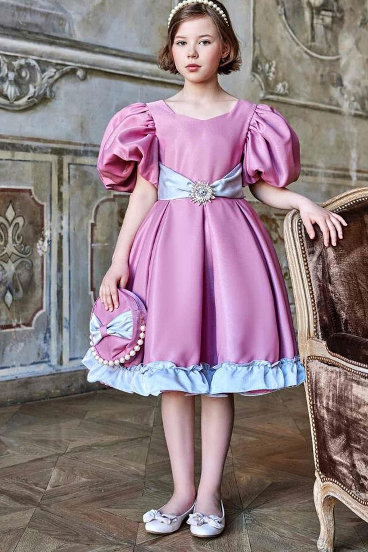 Kız Çocuk Balon Kollu Belinde Broş ve Kemer Detaylı Etek Ucu Fırfırlı Pembe Abiye