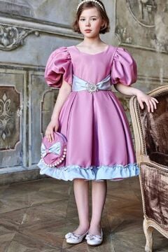 Kız Çocuk Balon Kollu Belinde Broş ve Kemer Detaylı Etek Ucu Fırfırlı Pembe Abiye