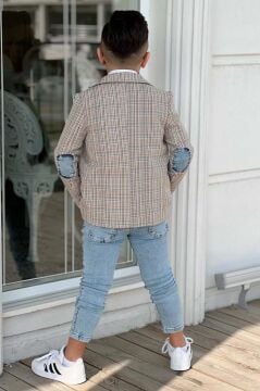 Erkek Çocuk Çizgili Blazer Ceket Kot Pantolon Sarı Alt Üst Takım