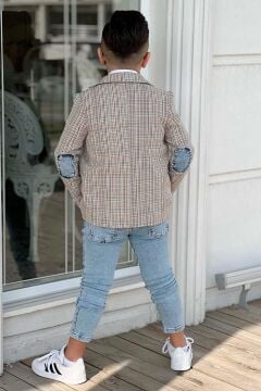 Erkek Çocuk Çizgili Blazer Ceket Kot Pantolon Sarı Alt Üst Takım