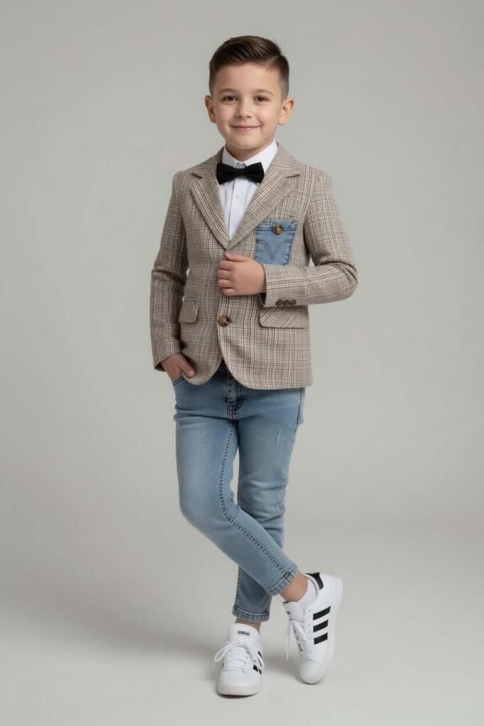 Erkek Çocuk Çizgili Blazer Ceket Kot Pantolon Sarı Alt Üst Takım