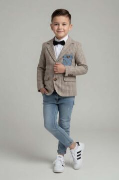 Erkek Çocuk Çizgili Blazer Ceket Kot Pantolon Sarı Alt Üst Takım