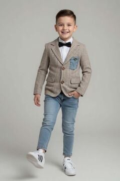 Erkek Çocuk Çizgili Blazer Ceket Kot Pantolon Sarı Alt Üst Takım