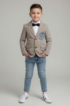 Erkek Çocuk Çizgili Blazer Ceket Kot Pantolon Sarı Alt Üst Takım