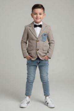 Erkek Çocuk Çizgili Blazer Ceket Kot Pantolon Sarı Alt Üst Takım