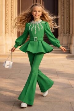Kız Çocuk Yakası İnci Detaylı ve Astarlı Bluz Bol Kesim Pantolon Kemerli Yeşil Alt Üst Takım