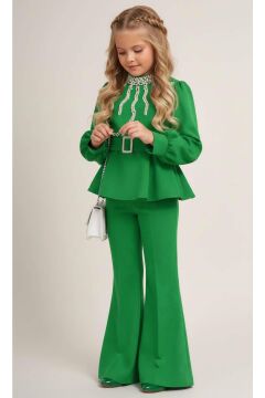 Kız Çocuk Yakası İnci Detaylı ve Astarlı Bluz Bol Kesim Pantolon Kemerli Yeşil Alt Üst Takım