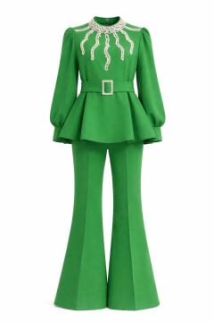 Kız Çocuk Yakası İnci Detaylı ve Astarlı Bluz Bol Kesim Pantolon Kemerli Yeşil Alt Üst Takım
