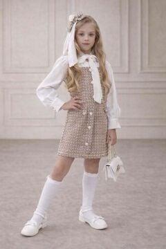 Kız Çocuk Göğsü ve Beli Fırfır Detaylı Boydan Düğmeli Kahverengi Şanel Elbise