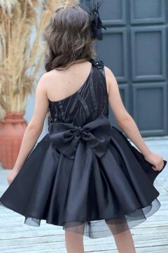 Kız Çocuk Tek Omuz Taş Detaylı Eteği Kabarık Siyah Abiye