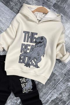 Erkek Çocuk Önü Yazı Ve Dino Baskılı Kapşonlu Sweatshirt 3 İplik Siyah Eşofman Takım