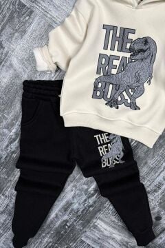 Erkek Çocuk Önü Yazı Ve Dino Baskılı Kapşonlu Sweatshirt 3 İplik Siyah Eşofman Takım