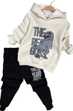 Erkek Çocuk Önü Yazı Ve Dino Baskılı Kapşonlu Sweatshirt 3 İplik Siyah Eşofman Takım