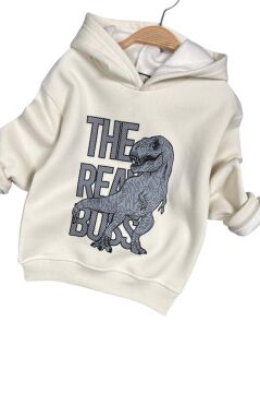 Erkek Çocuk Önü Yazı Ve Dino Baskılı Kapşonlu Sweatshirt 3 İplik Siyah Eşofman Takım