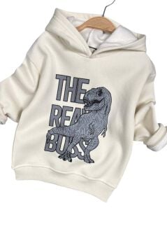 Erkek Çocuk Önü Yazı Ve Dino Baskılı Kapşonlu Sweatshirt 3 İplik Siyah Eşofman Takım