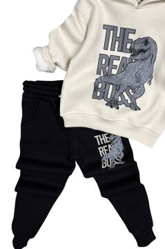 Erkek Çocuk Önü Yazı Ve Dino Baskılı Kapşonlu Sweatshirt 3 İplik Siyah Eşofman Takım